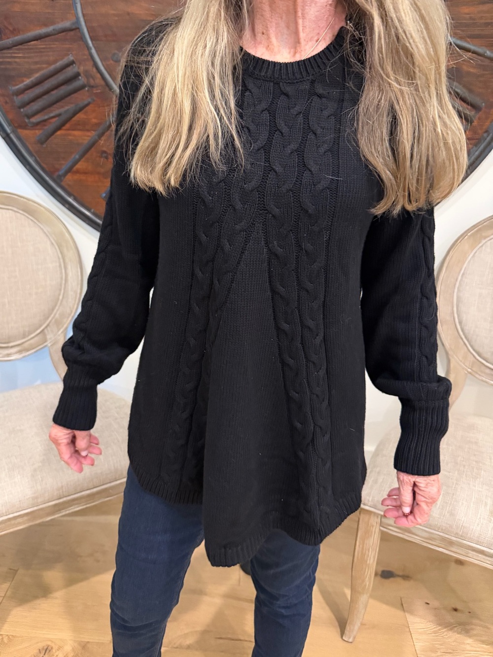 Women's Black Cable Knit Crewneck Sweater - Relaxed Fit